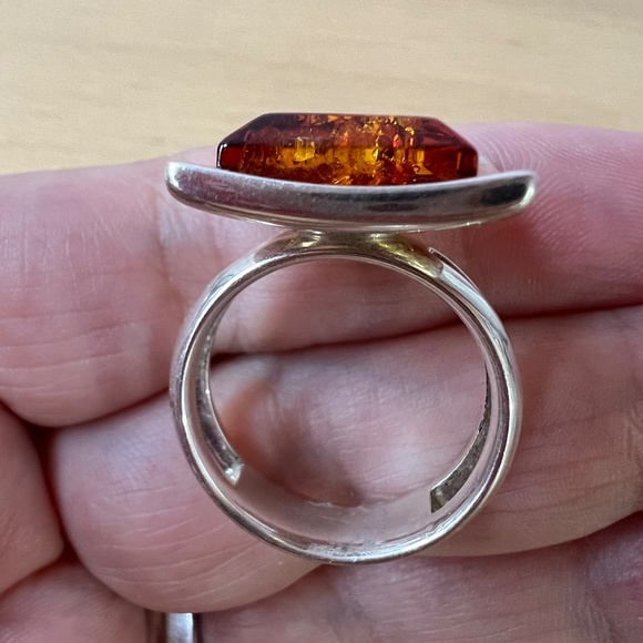 VINTAGE LARGE MODERNIST STATEMENT DESIGNER AMBER RING 925 STERLING SILVER